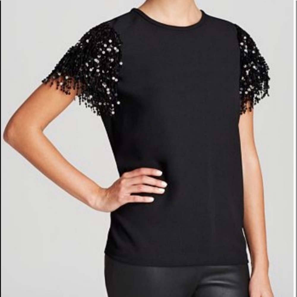 Kate Spade Black Sequin Fringe Short Sleeve Top
